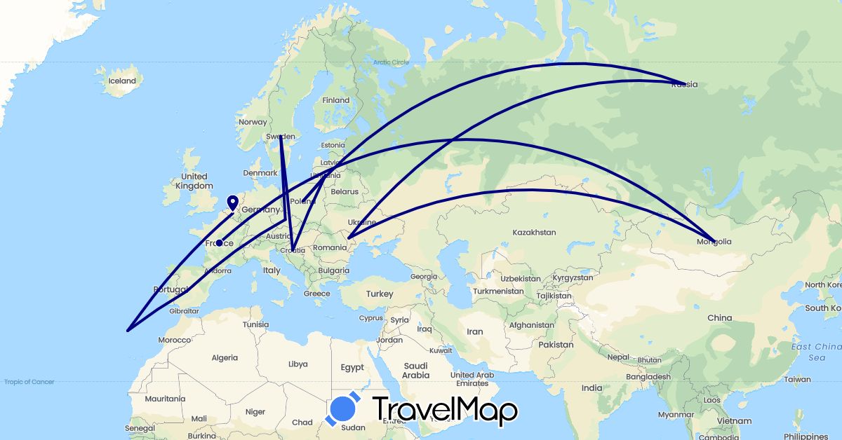 TravelMap itinerary: driving in Belgium, Czech Republic, Spain, France, Croatia, Lithuania, Moldova, Mongolia, Poland, Portugal, Russia, Sweden, Ukraine (Asia, Europe)